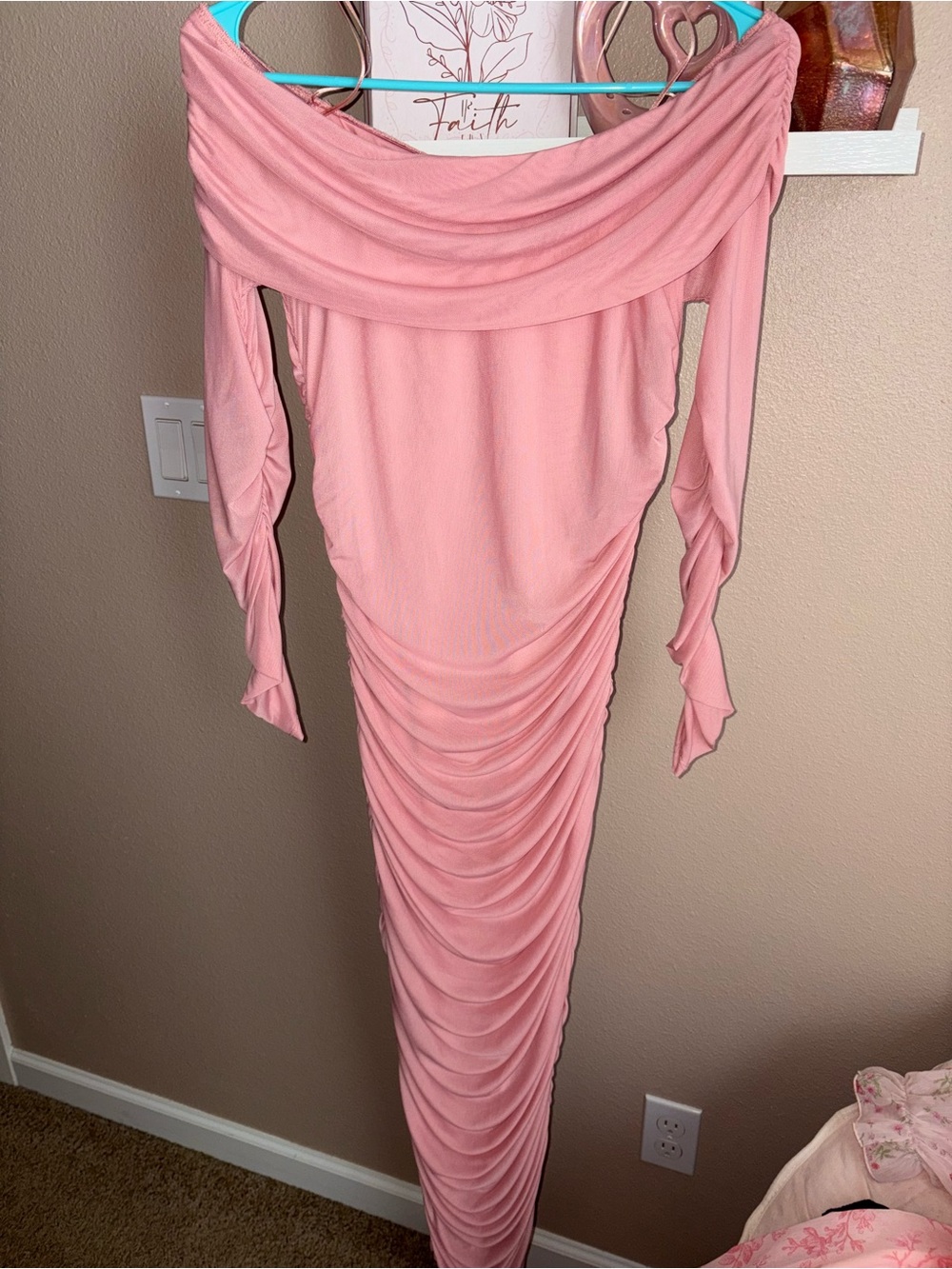 Fashion Nova Off-Shoulder Long sleeve Pink Ruched Bodycon Dress
